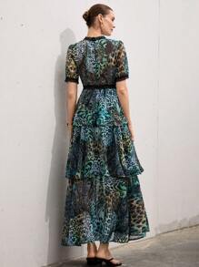 Aveloria Modichic New Floral Lace Patchwork Multi-Layer Ruffle Dress With Short Sleeve Chiffon Printed Long Dress - Multicolor - View 2