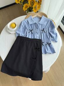 SHEIN 2 件套 Tween Girl 泡泡袖条纹短袖蝴蝶结衬衫和黑色短裙套装，春夏 - 藍色 - 查看 3