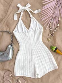SHEIN Mono con cuello de halter de tela arrugada de punto blanca para chicas adolescentes, ajustada y adecuada para vacaciones, fiestas, Día de San Valentín, que se puede usar como ropa interior o exterior