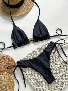Swim Vcay Springbreak Women's Solid Color Spaghetti Strap Metal Shell Decor Tie Side Simple Bikini Set, Summer - Black - View 2