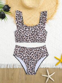 Tween Girls Leopard Print Ruffled 2-Piece Swimsuit, Suitable For Beach, Children Swimwear, Random Printed