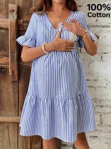 SHEIN Maternity Nursing Dress, Blue Striped Dress Women Short Dresses Summer Summer Dresses For Women Casual Maternity Dress Summer Blue White Vacation - Blue and White - View 1