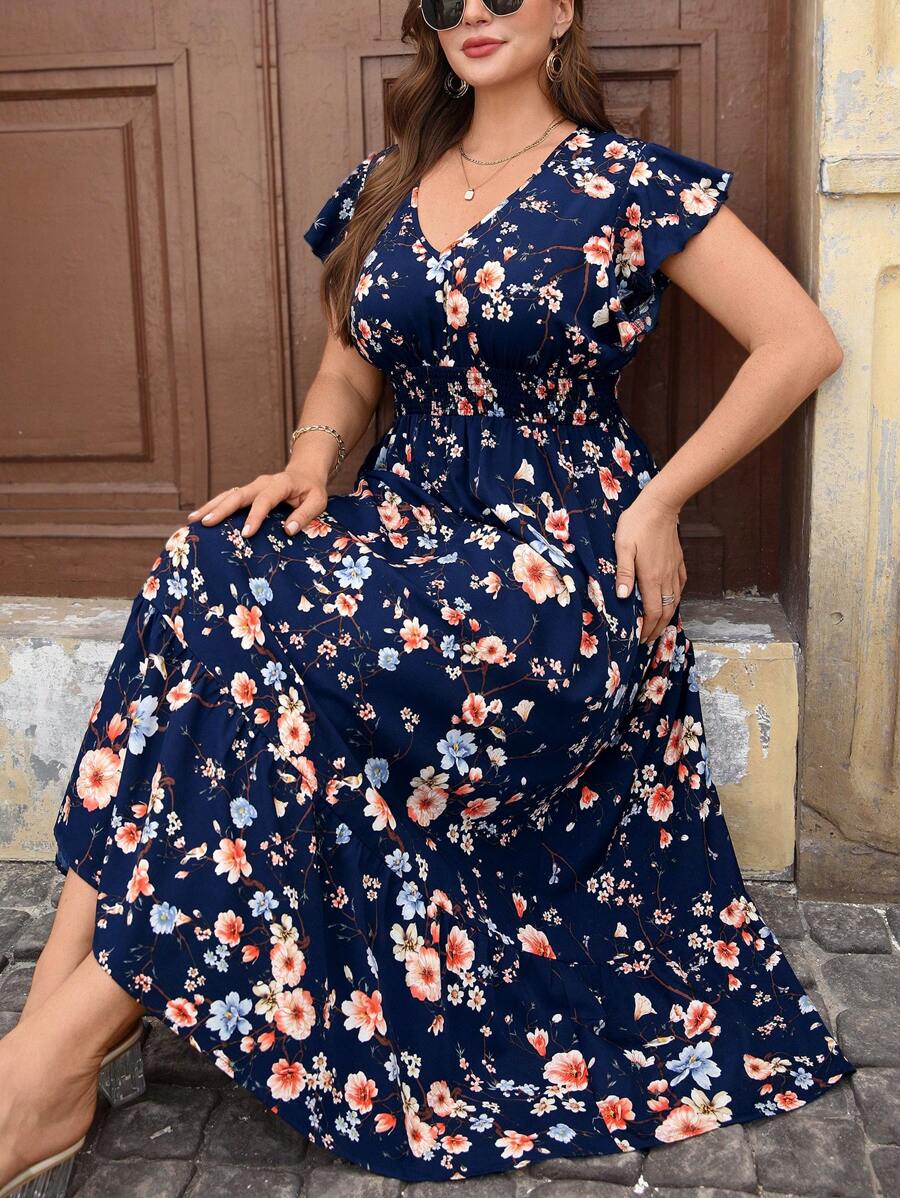 SHEIN Clasi Plus Size Women's Blue Floral V-Neck Ruffle Hem Dress,Mother's Day,4th Of July, Graduation Dress,Church Outfits Women ,Summer Tops, Church Outfits Women, Ruffle,Summer Outfits For Women,Mother Day Outfit,Summer,Summer Dresses For Women,Summer Dress,Church Clothes Women,Blue Dresses For Women,Navy Blue Dress Women - Multicolor - View 1