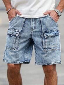 Manfinity Homme Quần short denim rách nhiều màu sắc giản dị dành cho nam - Màu xanh lam - Xem 3