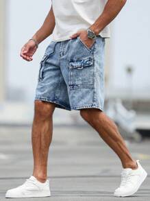 Manfinity Homme Quần short denim rách nhiều màu sắc giản dị dành cho nam - Màu xanh lam - Xem 6