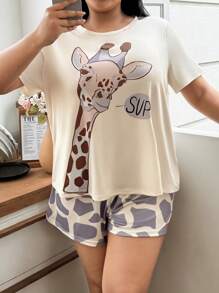 Plus Size Giraffe Print Casual Short Sleeve T-Shirt And Shorts 2Pc Set - Grey - View 6