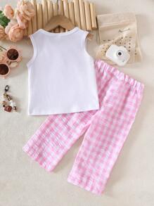 SHEIN Vintaside Kids 女宝宝2022夏季新款蝴蝶结拼接设计无袖背心+粉色格子长裤套装，增加甜美感 - 白色 - 查看 2
