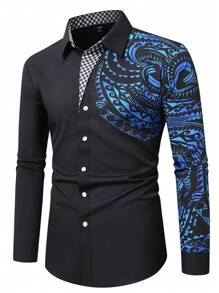 Manfinity Homme Áo sơ mi nam dài tay đơn hàng khuy in họa tiết hình học - màu đen - Xem 8