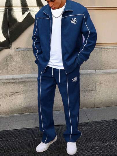 STYNVO 2 件男士休闲撞色饰边拉链夹克和抽绳腰裤套装男士运动服男士 2 件套，秋季服装