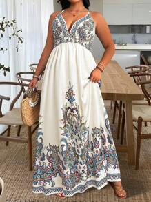 SHEIN LUNE Plus Size Deep V-Neck Print Adjustable Waist A-Line Dress, Suitable For Outing, Vacation, Dating And Party - Multicolor - View 3