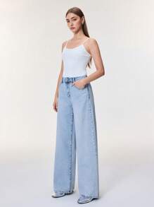 SHEIN Essnce 女士休闲牛仔裤，极简主义日常穿着，宽松女士牛仔裤 - 淺色水洗藍 - 查看 4