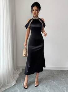 Chiquease Váy không tay viền ren vàng tua rua lãng mạn thanh lịch dành cho nữ - màu đen - Xem 5