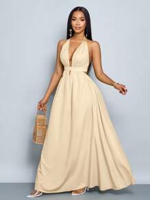 SOLERSUN 女士纯色露背 V 领度假海滩十字结露背长裙度假海滩装 - 杏色 - 查看 4