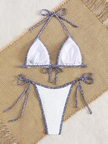 Swim Mod 2pcs Ditsy Floral Embroidery Knot Front Bikini Set, Fresh Ditsy Floral Pattern, Vacation Style, Summer