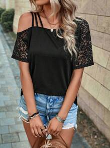 SHEIN LUNE Women's Asymmetrical Neckline Contrast Lace Short Sleeve T-Shirt, Summer - Black - View 4
