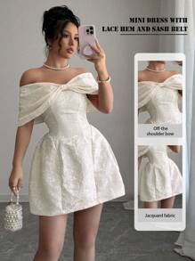 Rafferiza 女士法式甜美蝴蝶结单肩连衣裙女士收腰修身粉色花卉提花中长连衣裙 - 杏色 - 查看 6