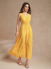 Amorya 女士無袖花卉印花集褶腰裙 - 黃色 - 查看 6