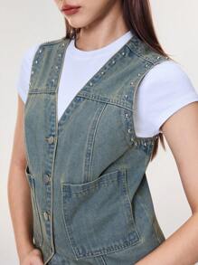 SHEIN BAE Áo khoác denim cổ chữ V cài một hàng khuy đơn giản cho nữ - Rửa nhẹ - Xem 7