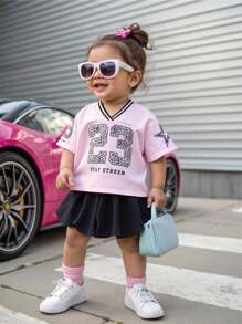 2Pcs/Set Baby Girl Casual Comfy Versatile Cute Printed Fuchsia Top & Black Skirt Outfit, For Back To School - Multicolor - View 1