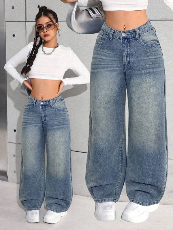 SHEIN Calça jeans azul básica e solta casual para meninas adolescentes Y2K, roupa descolada/roupa de Ação de Graças para meninas, roupas de outono e inverno para meninas