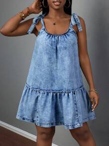 Slaydiva 大码休闲宽松牛仔无袖迷你连衣裙，蓝色 - 淺色水洗藍 - 查看 3
