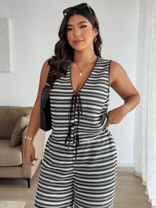Easura 2pcs/Set Plus Size Women Summer Striped V-Neck Lace Tie Front Camisole & Pants Set