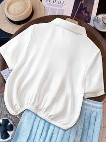 SHEIN LUNE Sudadera casual de mujer con cuello acanalado blanco, bordada, de manga corta, para otoño - Blanco - Ver 5