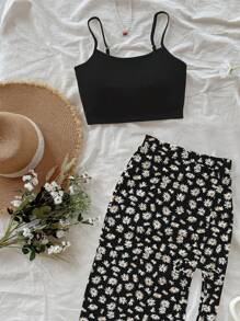 Soleia 女士休闲度假短款吊带上衣和高开叉抽绳紧身裙套装，碎花图案，适合夏季、春假、椰子女孩、女孩之旅、音乐节、节日服装、夏季服装、雏菊图案，适合外出 - 彩色 - 查看 6