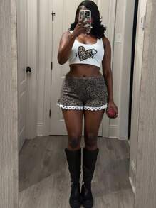 Slaydiva Damen Leopard Herz Muster Top & Shorts Zweiteiler für den täglichen Gebrauch, Rave - Khaki - Übersicht 3