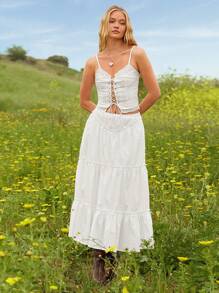 WESTFADE Sommerlicher westlicher Blumen-Lochmuster Spaghetti-Träger Korsett mit Schnürung, süße Schleife vorne, ärmellos, Boho-Cowgirl Cropped Träger Top für Urlaub und Brunch in Nashville - Weiss - Übersicht 3