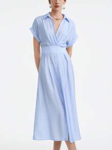 Aalyst 女士春夏通勤度假海滩商务休闲棉混纺衬衫领交叉 V 领下摆纽扣开衩袖口落肩袖连衣裙