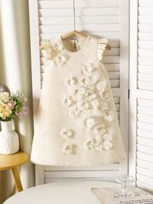 SHEIN 年轻女孩夏季立体花朵细节荷叶边连衣裙 - 黃色 - 查看 1