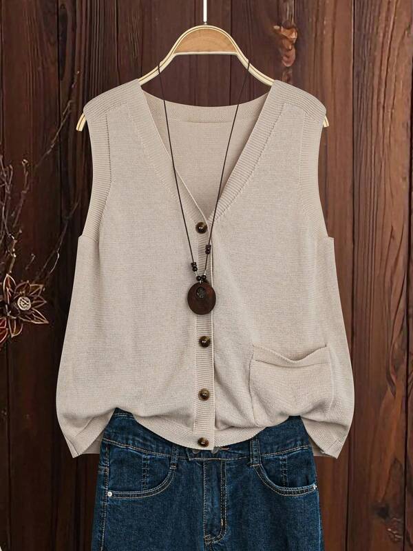 SHEIN JORESS Nuevo chaleco sin mangas con cuello en V y botón frontal para mujer, estilo versátil y sencillo