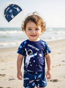 2pcs Baby Swimsuit Set: Printed Tankini Top & Trunks Bottom, Comes With Hat