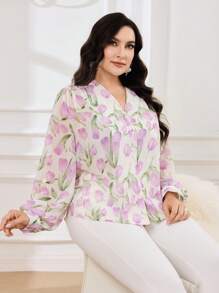 Modelyn Plus Size Women Floral Print Single-Breasted Lantern Sleeve Elegant Blouse
