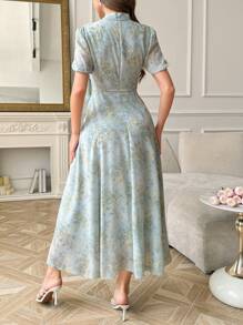 Modelyn Woman's Tie-Collar Cinched Waist Pleated Dress - Blue - View 2