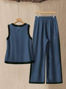 Linhara Women's Plus Size Black Color Block Round Neck Sleeveless Short Top And Wide-Leg Pants Two Pieces Set For Holidays & Casual Wear, Spring/Summer, Loose Fit