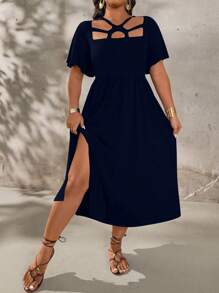 SHEIN Holidaya Women's Plus Size Elegant Solid Color Hollow Hem Slit Dress - Navy Blue - View 6