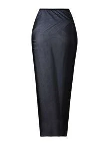 SHEIN 2 Stück/Set Damen Neuer Sexy asymmetrischer Ausschnitt Cut Out einfarbiger Badeanzug und lange verdrehte Netz Spaltrock Strandüberwurf Sexy Set für Sommer Strandurlaub - Schwarz - Übersicht 6