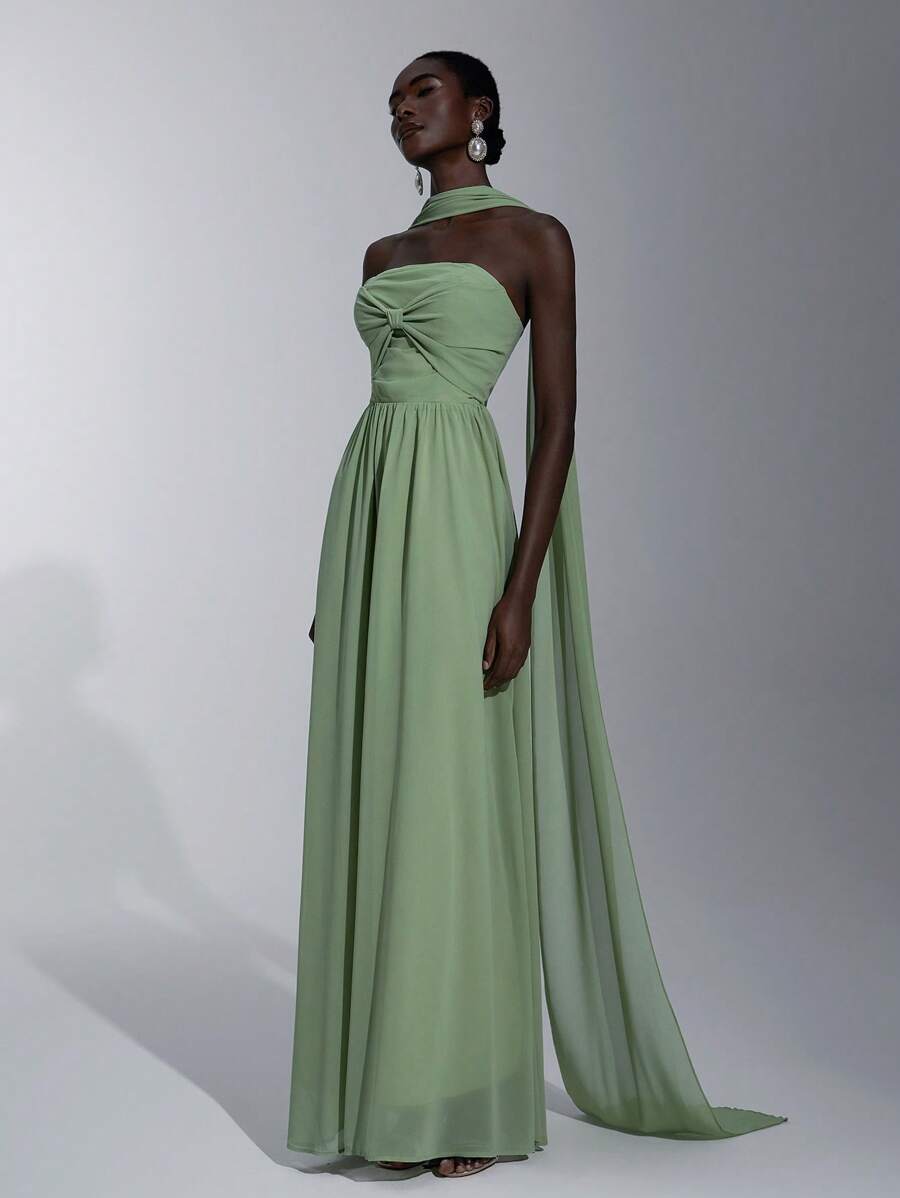 SHEIN Belle Elegant romantisches grünes Chiffon-Gewebe 3D Schleife Schulter ausgestellt A-Linie Party Brautjungfern Kleid