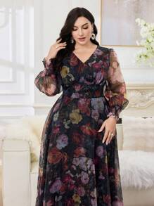 Modelyn Abito elegante taglia curvy con stampa floreale, scollo a V e maniche a lanterna