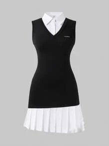 SHEIN Explorewe Teen Girl's Fashionable Collared Split Hem Shirt Dress, Slim-Fit Patchwork Style, Suitable For Spring/Summer Commuting, Gatherings And Casual Outings