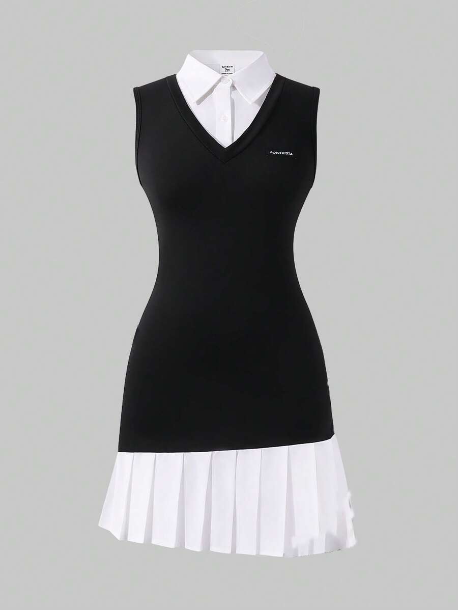 SHEIN Explorewe Teen Girl's Fashionable Collared Split Hem Shirt Dress, Slim-Fit Patchwork Style, Suitable For Spring/Summer Commuting, Gatherings And Casual Outings