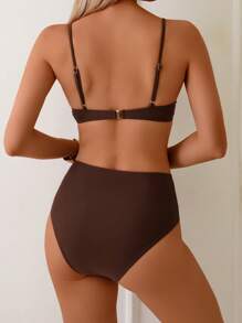 Swim Basics New Summer Vacation Push-Up Padded Solid Color Adjustable Strap High Waist Spaghetti Strap Bikini Swimwear Set - Brown - View 2