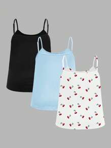 SHEIN EZwear 3 chiếc áo hai dây rộng rãi xếp ly màu trơn & họa tiết anh đào cỡ lớn dành cho nữ, dây đeo vai có thể điều chỉnh, phù hợp cho mùa xuân/hè - Nhiều màu - Xem 2
