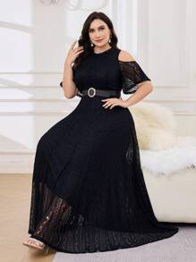 Modelyn Đầm ren trễ vai tay ngắn thanh lịch cho nữ cỡ lớn - màu đen - Xem 7