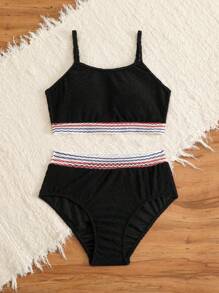 Maiô Bikini de duas peças com decoração de fita de contraste, cor sólida, para adolescentes, para praia e férias de verão