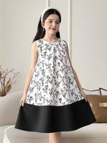 فستان من البناتالصغيرات مطبوع بالأزهار مخصر بشكل جيب مع فيونكة خلفية، سيلويت مرتفع وأنيق