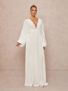 Lumalex 1 pieza Vestido largo de mujer con cuello en V profundo, mangas anchas plisadas, falso diseño de 2 piezas, volantes en el bajo y silueta ceñida