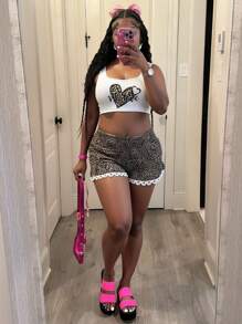 Slaydiva Damen Leopard Herz Muster Top & Shorts Zweiteiler für den täglichen Gebrauch, Rave - Khaki - Übersicht 6